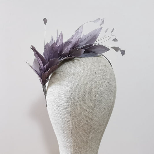 LUNA Feather Headband Fascinator in Silver Grey